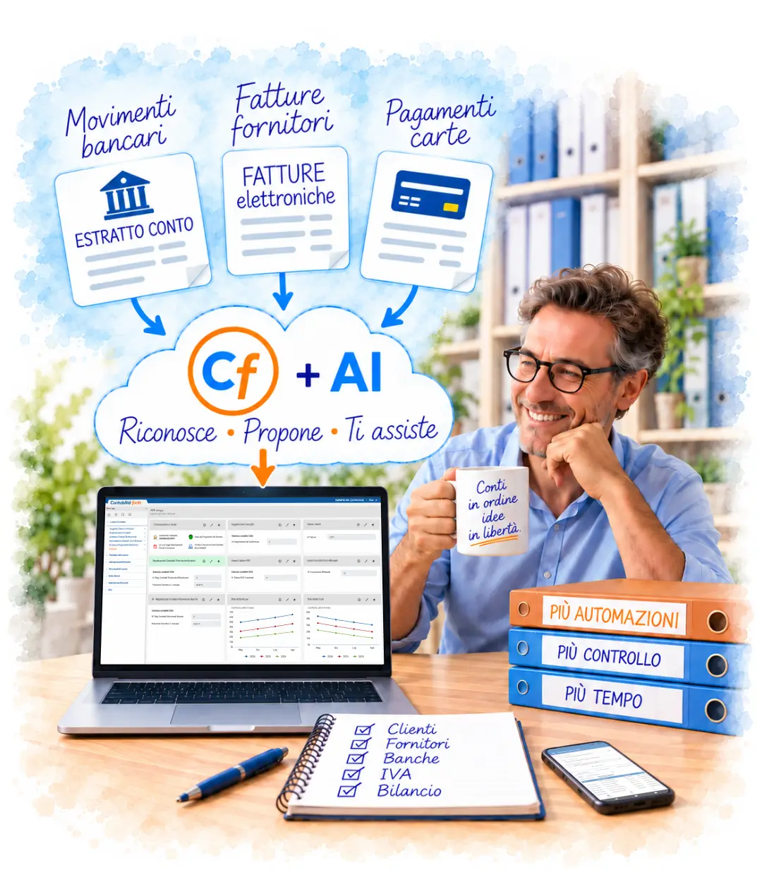 programma contabilità ordinaria video Imprenditore soddisfatto davanti al gestionale Contabilità facile con AI, che automatizza movimenti bancari, fatture fornitori e pagamenti con carta.