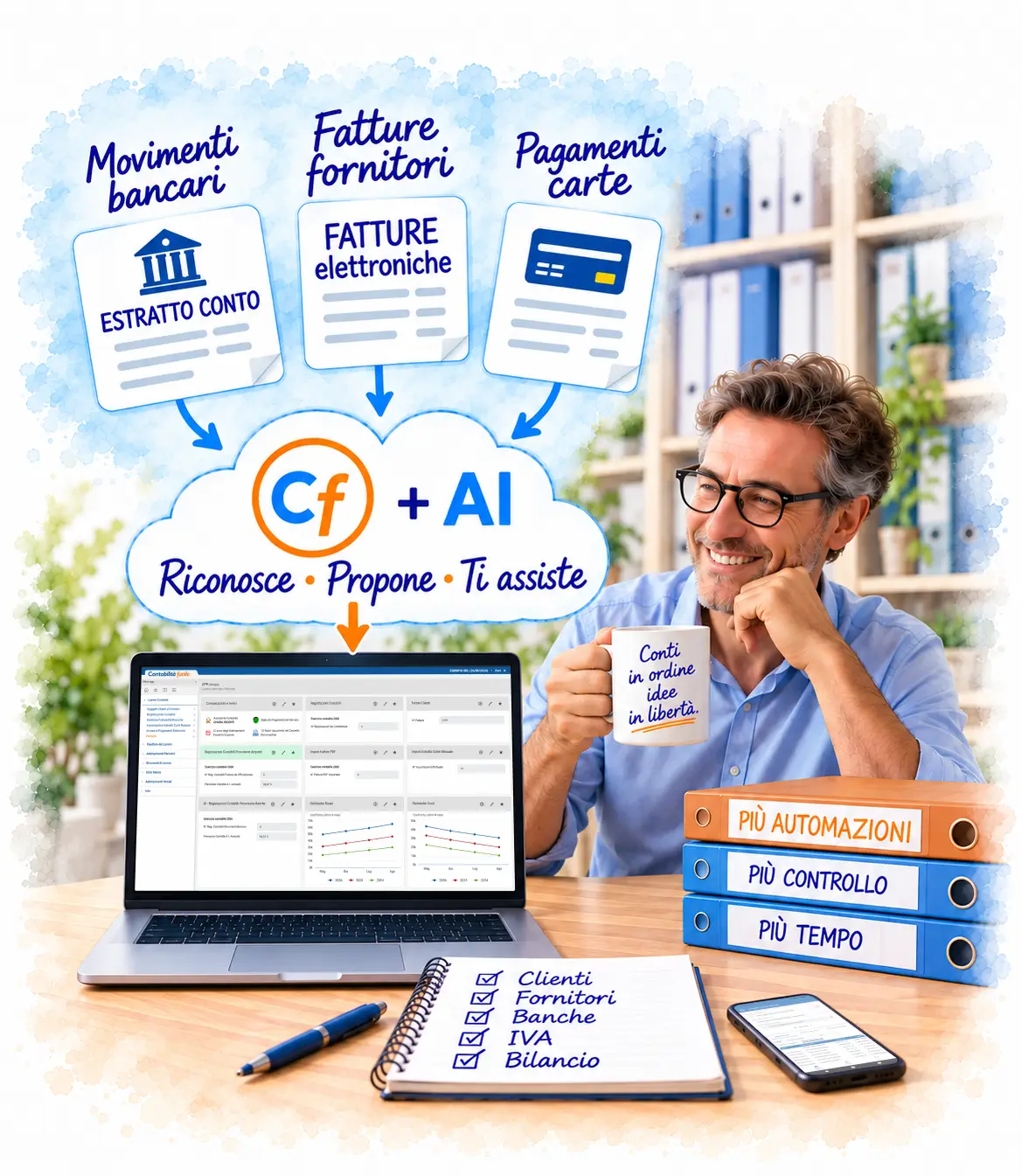 programma contabilità ordinaria video Imprenditore soddisfatto davanti al gestionale Contabilità facile con AI, che automatizza movimenti bancari, fatture fornitori e pagamenti con carta.