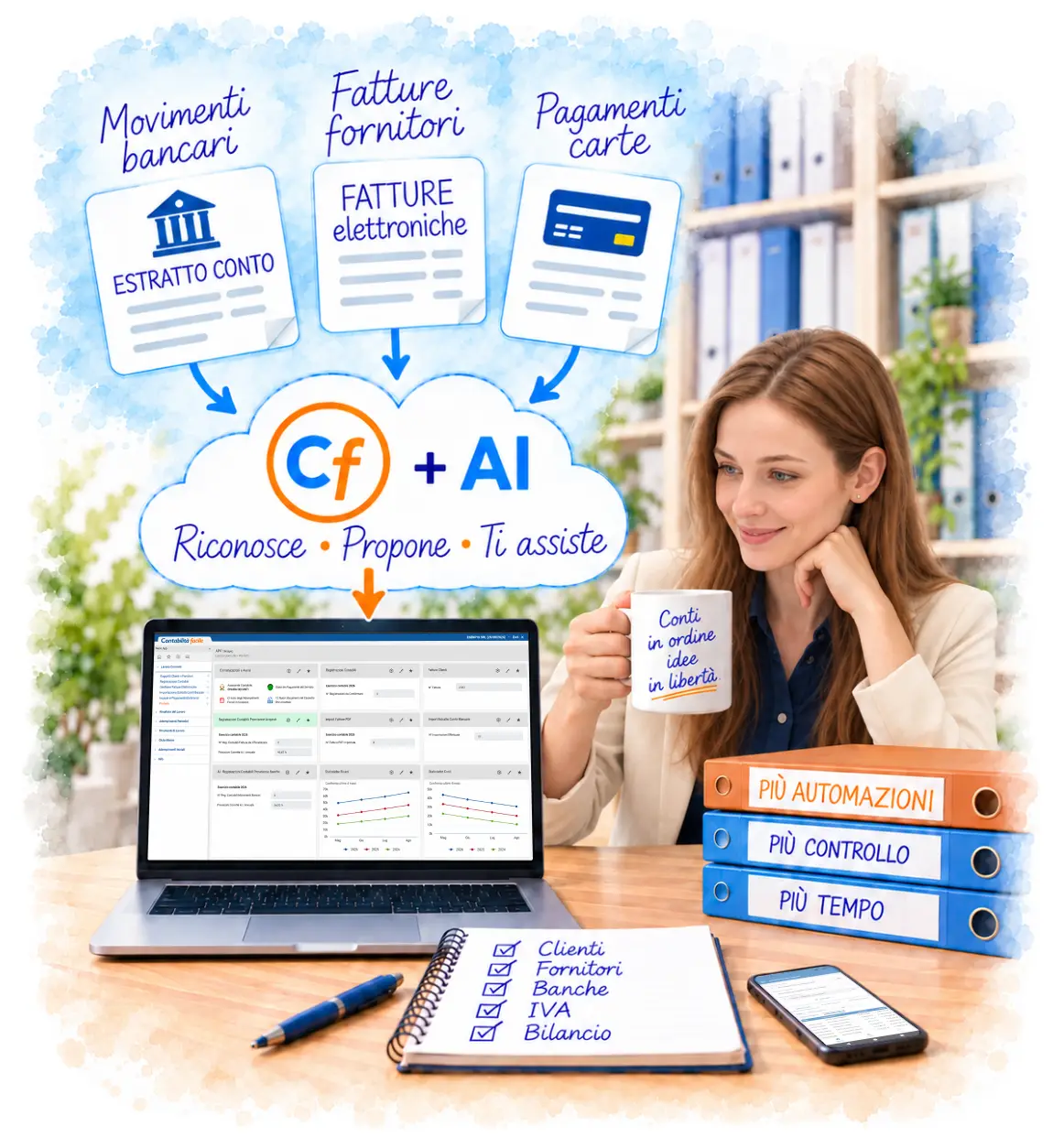 Imprenditrice soddisfatta davanti al gestionale Contabilità facile con AI, che automatizza movimenti bancari, fatture fornitori e pagamenti con carta.