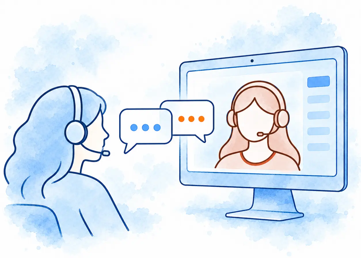 Illustrazione in stile acquarello di una cliente con cuffia e microfono che parla con un’assistente contabile mostrata dentro un monitor, con due fumetti sovrapposti che rappresentano lo scambio di messaggi tra le due.