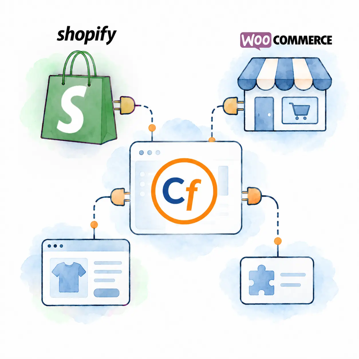 Illustrazione in stile acquarello di Contabilità facile al centro come hub di integrazione, collegato a Shopify, WooCommerce e ad altri moduli o pagine e-commerce attraverso connessioni che rappresentano integrazioni già pronte.