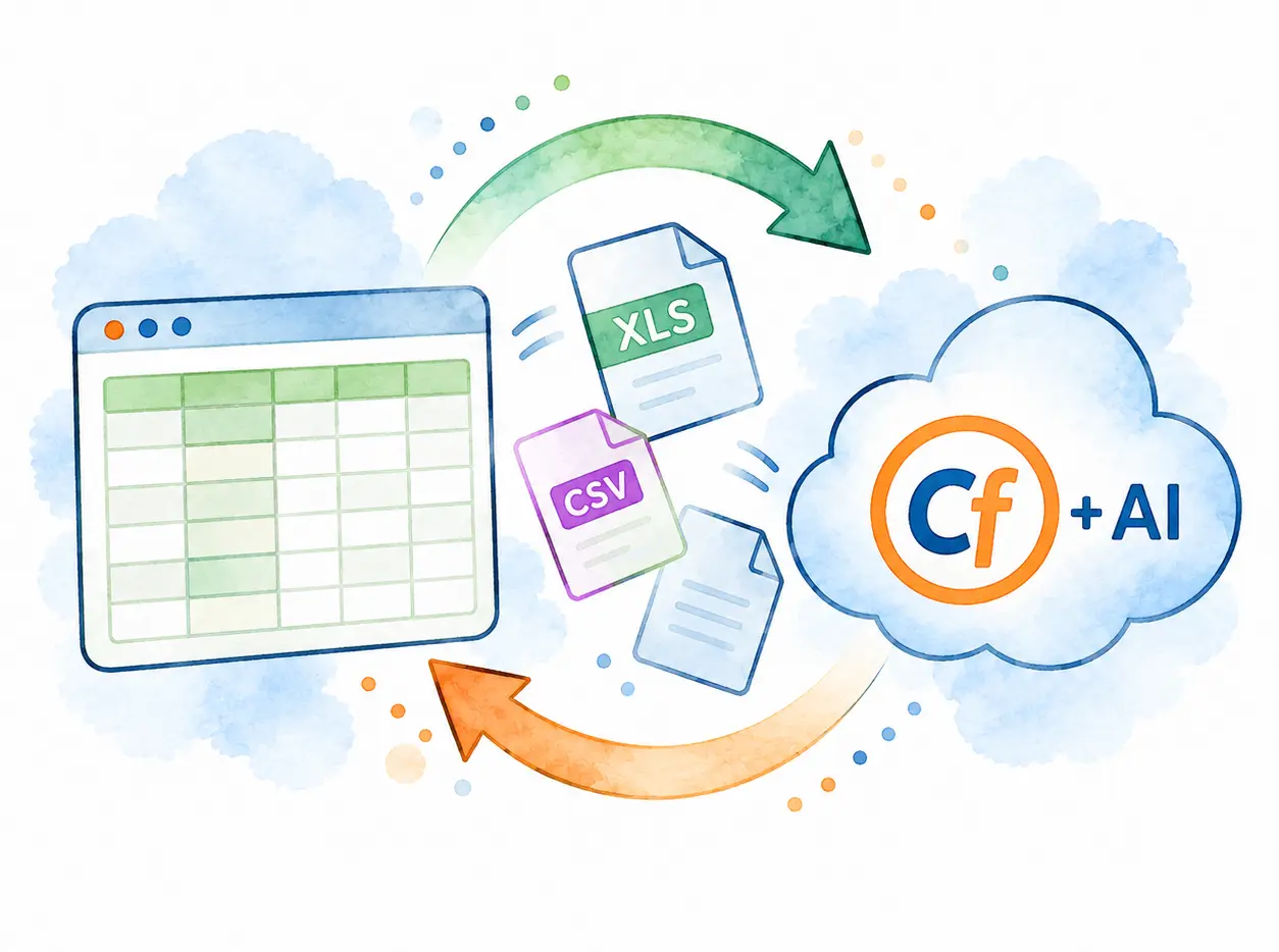 Illustrazione in stile acquarello di uno scambio dati bidirezionale tra una tabella tipo Excel e Contabilità facile + AI nel cloud, con file XLS e CSV al centro e frecce che rappresentano importazione ed esportazione dei dati.