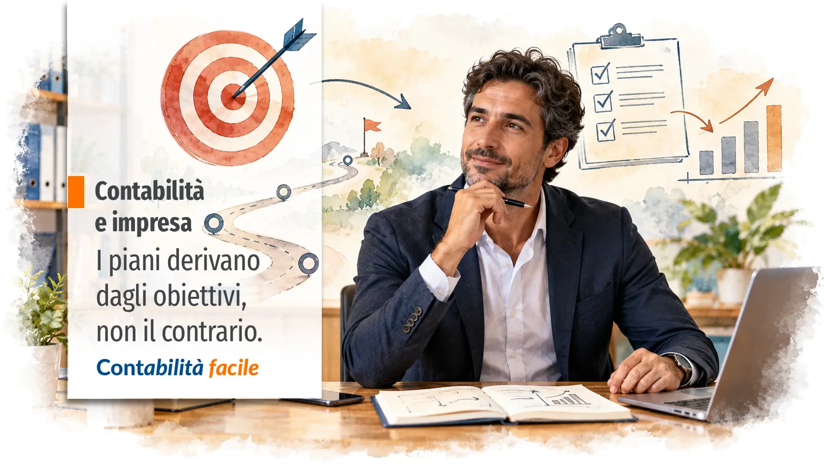 Uomo d’impresa al lavoro davanti a un percorso illustrato con obiettivo, piano d’azione, checklist e grafico di crescita.