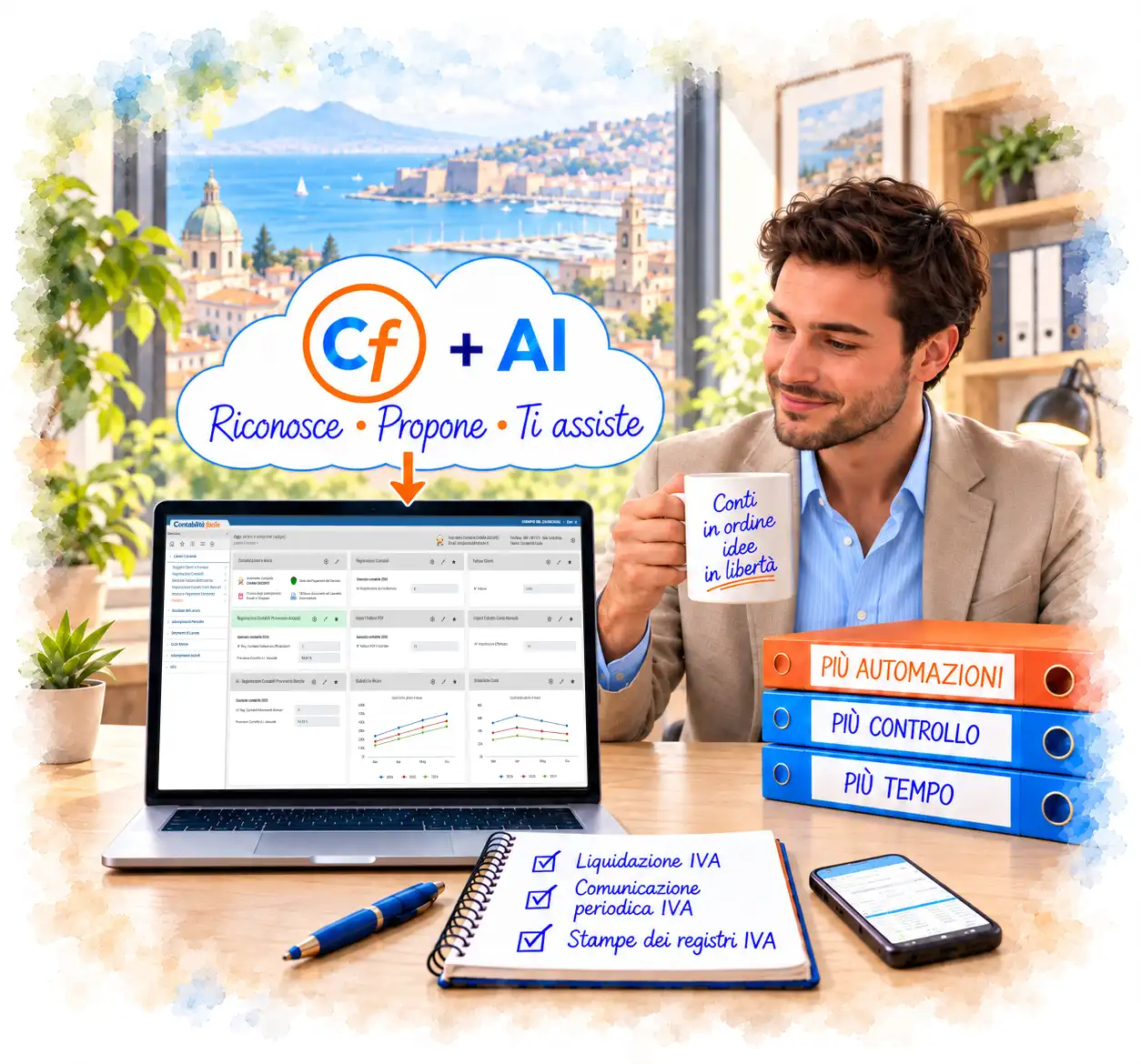 Uomo in ufficio davanti a un computer con Contabilità facile: movimenti bancari, fatture fornitori e pagamenti con carte confluiscono nell’AI, che riconosce i dati, propone le registrazioni e assiste l’utente.