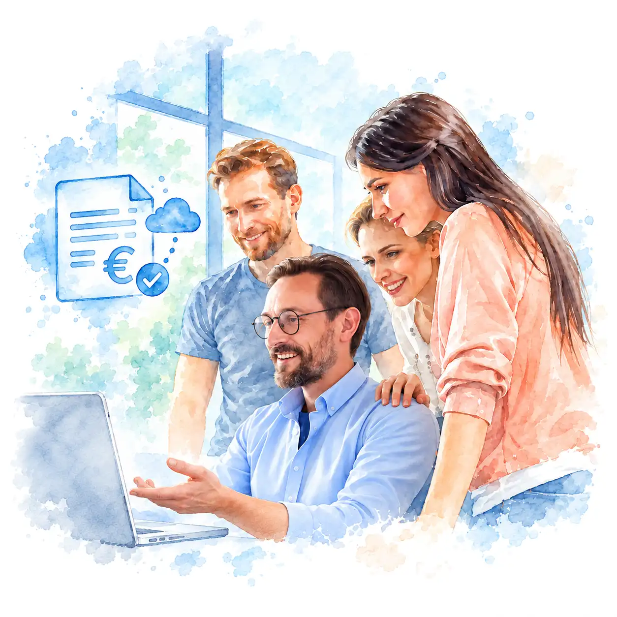 Un gruppo di quattro colleghi sorridenti osserva lo schermo di un computer portatile. Al centro, un uomo con occhiali, barba e camicia azzurra è rappresentato in stile fotorealistico; i tre colleghi intorno a lui, il computer e l’ambiente sono dipinti ad acquarello.</p>
<p>Sulla sinistra, un’icona azzurra raffigura una fattura elettronica: un documento con il simbolo dell’euro, affiancato da una nuvola digitale e un segno di conferma. Sullo sfondo, una grande finestra dalle tonalità azzurre e verde acqua illumina la scena. Le pennellate sfumano dolcemente verso il bianco lungo i bordi, creando un’atmosfera luminosa, accogliente e collaborativa.