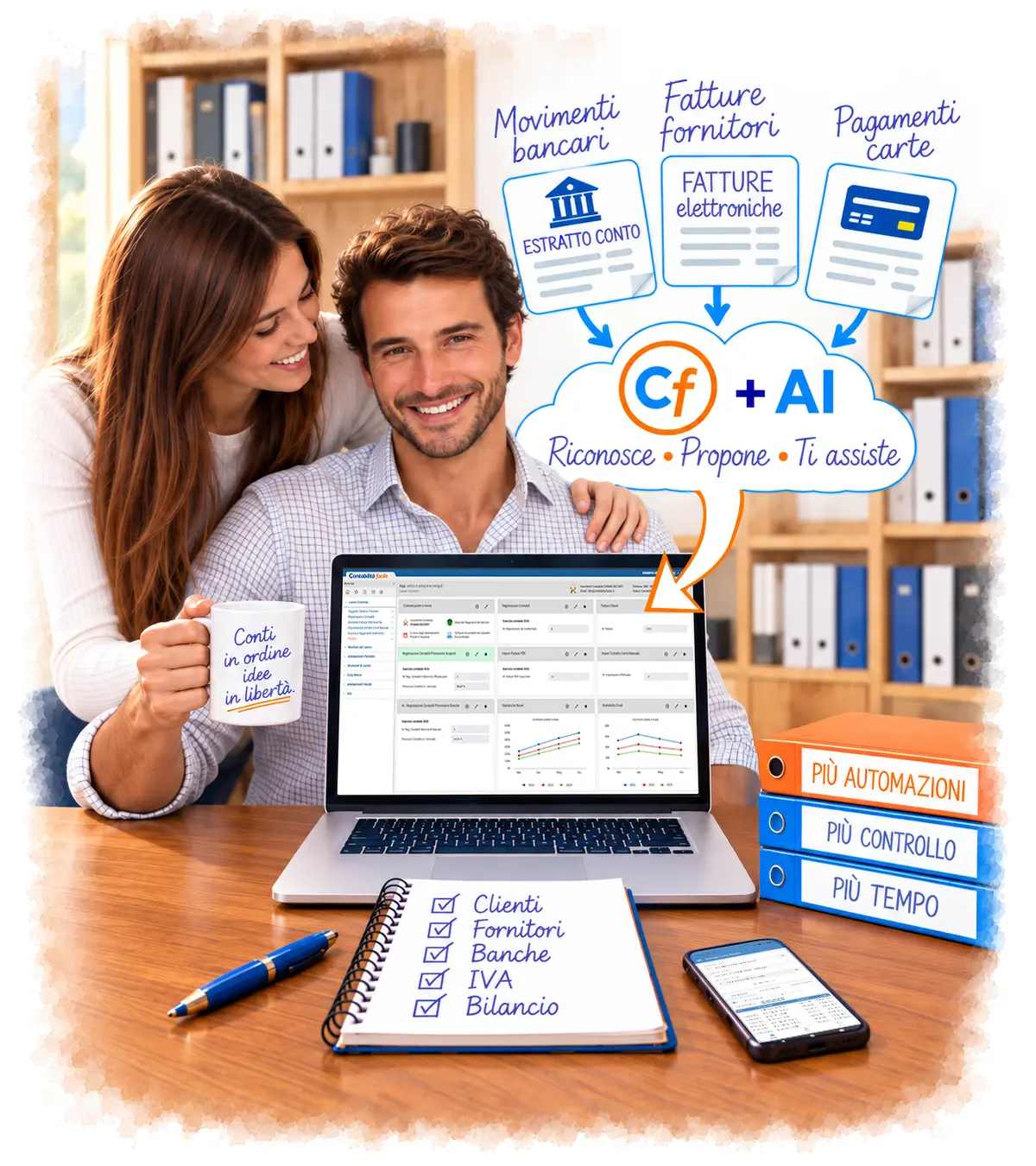 Un uomo dietro al portatile e una donna accanto che lo guarda sorridendo. I fumetti illustrano come Contabilità facile con l’AI elabora movimenti bancari, fatture elettroniche e pagamenti con carte, offrendo più automazioni, più controllo e più tempo.
