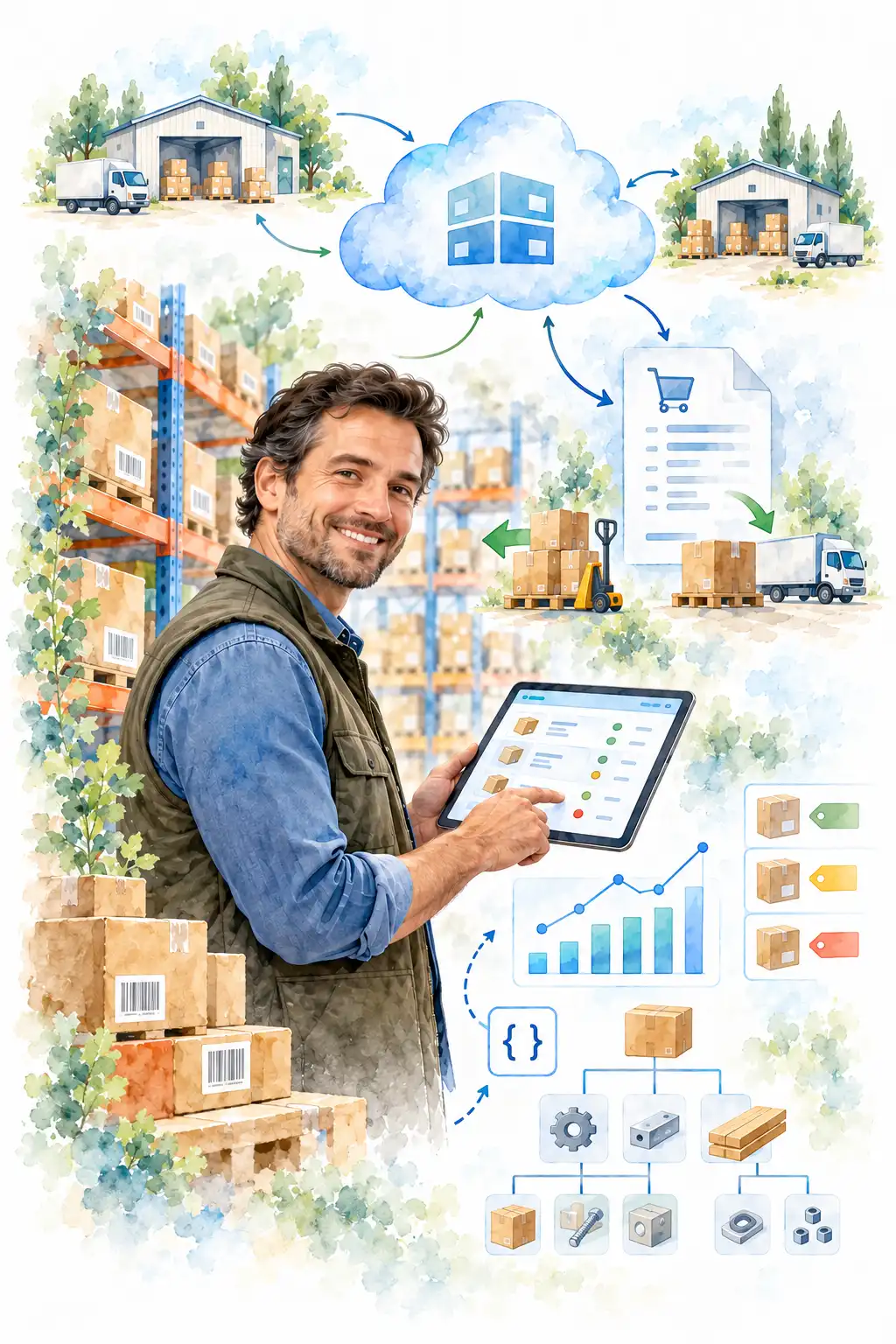 Operatore con tablet in un magazzino illustrato ad acquarello, con prodotti e codici a barre collegati al cloud per gestire scorte, più depositi, ordini e fatturazione.