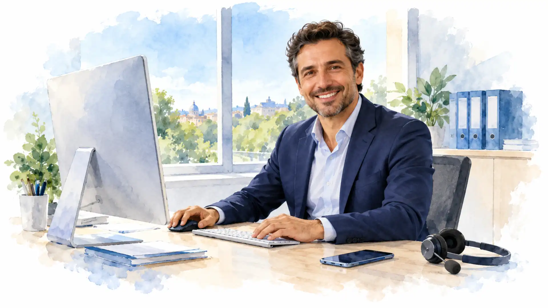 Commerciale sorridente alla scrivania con computer e cuffie, in un ufficio illustrato ad acquerello.